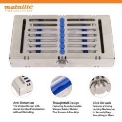Premium 7-piece stainless steel cassette with removable rack & silicone padding. Hygienic, durable, and perfect for dental & surgical professionals.
