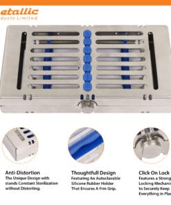Premium 7-piece stainless steel cassette with removable rack & silicone padding. Hygienic, durable, and perfect for dental & surgical professionals.