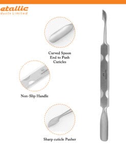 stainless steel cuticle pusher, dual-ended cuticle pusher, nail cuticle tool, cuticle pusher for nails, best cuticle pusher for home use, professional cuticle pusher UK, ergonomic cuticle pusher, cuticle pusher for gel nails, affordable cuticle pusher UK, cuticle pusher with knife, cuticle pusher for acrylic nails