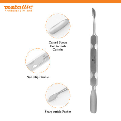 stainless steel cuticle pusher, dual-ended cuticle pusher, nail cuticle tool, cuticle pusher for nails, best cuticle pusher for home use, professional cuticle pusher UK, ergonomic cuticle pusher, cuticle pusher for gel nails, affordable cuticle pusher UK, cuticle pusher with knife, cuticle pusher for acrylic nails