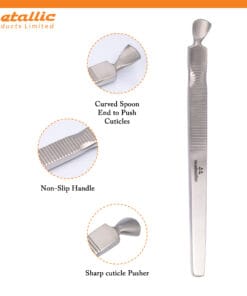 nail artist cuticle tools, angled cuticle cleaner uk, salon cuticle knife scoop, dual ended cuticle pusher, nail care accessories uk, precision cuticle remover tool, beauty salon nail tools, stainless steel nail cleaner uk, cuticle scraper and pusher, ergonomic cuticle remover