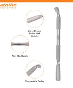 cuticle pushers uk, knife edge cuticle pusher, angled scoop cuticle pusher, stainless steel cuticle pusher, professional nail tools uk, dual ended cuticle remover, nail cuticle cleaner tool, salon manicure tools uk, nail technician cuticle pusher, metal cuticle tool uk