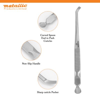 heavy duty nail cuticle pusher, salon cuticle tools uk, manicure cuticle remover tool, chrome cuticle pusher, ergonomic cuticle pusher, dual ended cuticle tool, nail care tools uk, professional manicure tools uk, pedicure cuticle pusher, cuticle knife and pusher, nail technician tools UK