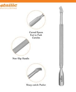 knife cuticle pusher UK, stainless steel cuticle pushers, dual-ended cuticle pusher, curved blade cuticle tool, ergonomic cuticle pusher, professional nail cuticle pusher, manicure cuticle pusher, pedicure cuticle tool, cuticle remover tool UK