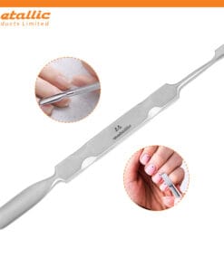 stainless steel cuticle pusher, dual-ended cuticle pusher, nail cuticle tool, cuticle pusher for nails, best cuticle pusher for home use, professional cuticle pusher UK, ergonomic cuticle pusher, cuticle pusher for gel nails, affordable cuticle pusher UK, cuticle pusher with knife, cuticle pusher for acrylic nails
