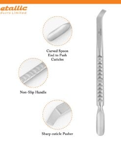 cuticle pusher with knife, stainless steel cuticle pusher, ergonomic cuticle tool, professional nail cuticle pusher, manicure cuticle remover, pedicure cuticle tool, nail technician cuticle pusher, precision cuticle knife