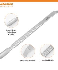 cuticle pusher with knife, stainless steel cuticle pusher, ergonomic cuticle tool, professional nail cuticle pusher, manicure cuticle remover, pedicure cuticle tool, nail technician cuticle pusher, precision cuticle knife
