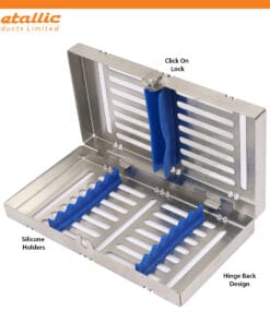 Premium 7-piece stainless steel cassette with removable rack & silicone padding. Hygienic, durable, and perfect for dental & surgical professionals.