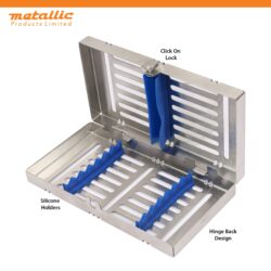 Premium 7-piece stainless steel cassette with removable rack & silicone padding. Hygienic, durable, and perfect for dental & surgical professionals.