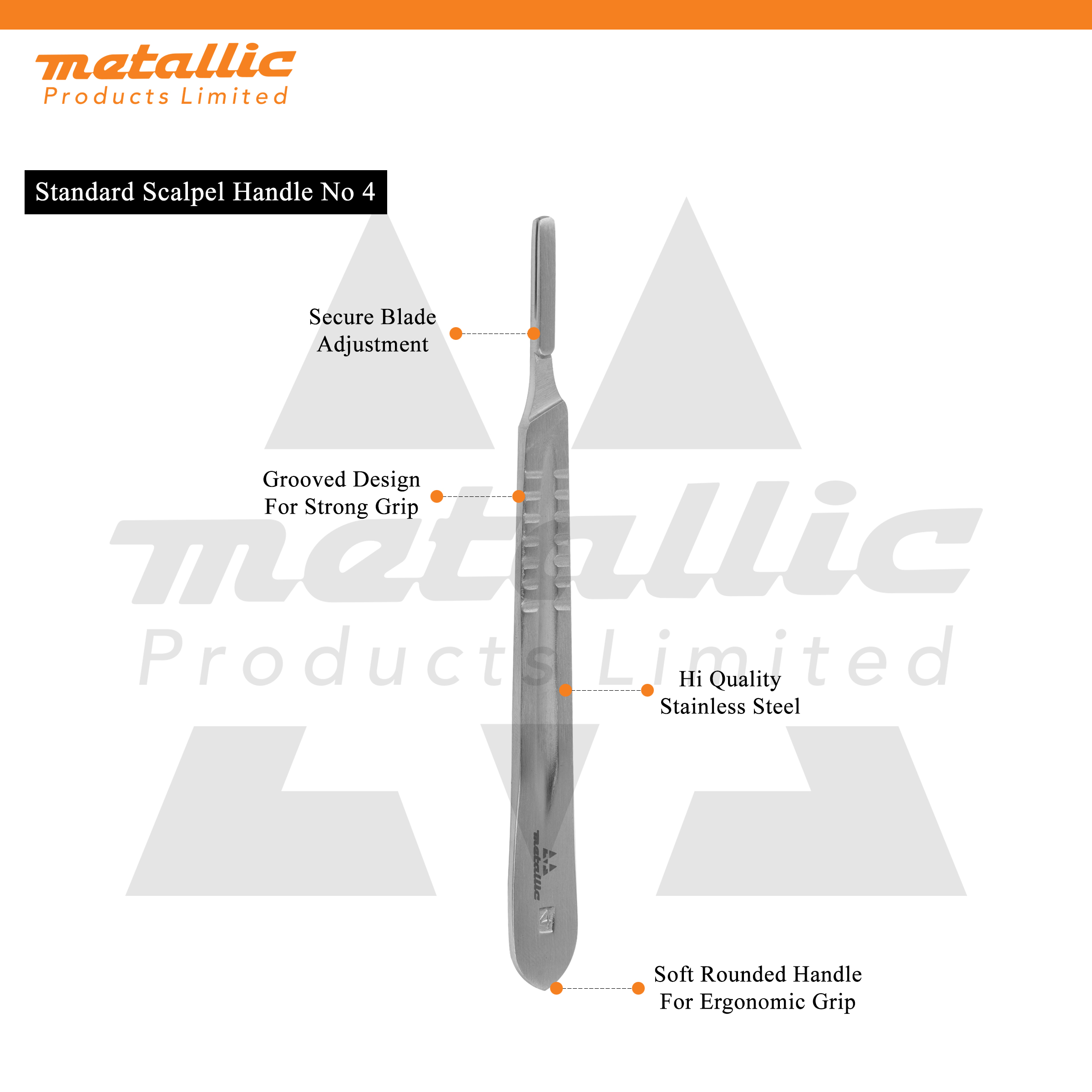 Scalpel Handle No. 4, professional surgical instrument, stainless steel scalpel handle, compatible with disposable blades #20–#25, surgical tool for hospitals, clinics, and laboratories
