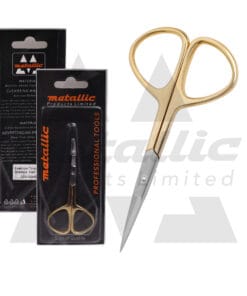eyebrow scissors UK, gold eyebrow scissors, stainless steel beauty scissors, cuticle & eyebrow scissors, half gold grooming tool, precise eyebrow trimming scissors, best beauty scissors professional