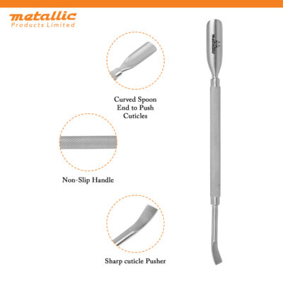dual ended cuticle pusher knife, professional manicure cuticle tool, stainless cuticle scraper tool, cuticle pusher with blade for nails, sharp cuticle knife tool, hygienic nail cuticle pusher, manicure cuticle knife tool