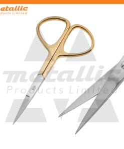 eyebrow scissors UK, gold eyebrow scissors, stainless steel beauty scissors, cuticle & eyebrow scissors, half gold grooming tool, precise eyebrow trimming scissors, best beauty scissors professional