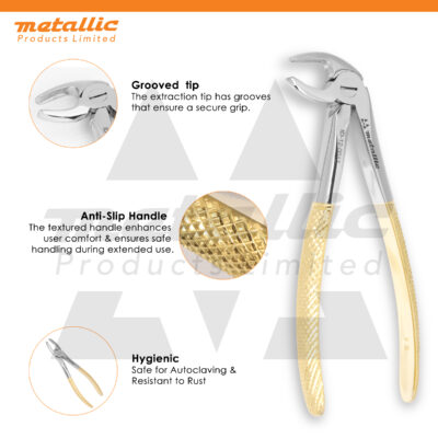 dental tooth extraction forceps fig 13, lower premolar extraction tool, gold handle dental forceps UK, stainless steel dental pliers, reusable dental instruments, precision dental extraction tools UK, metallic products dental tools