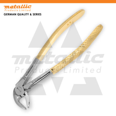 dental extracting forceps 33 UK, gold plated dental tool, lower root extraction forceps UK, dental extraction instrument stainless, premium dental forceps gold handle, reusable dental extraction tool UK, dentist lower root extractor UK, surgical dental forceps stainless steel UK, professional dental extraction tool UK