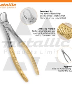 extracting forceps fig 87 cowhorn UK, gold plated dental forceps, lower molar extraction tool UK, cowhorn dental forceps gold handle, surgical dental extraction tool UK, fig 87 cowhorn extractor stainless steel, premium dental extraction instrument UK, reusable dental forceps stainless UK
