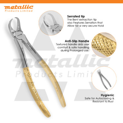 extracting forceps fig 87 cowhorn UK, gold plated dental forceps, lower molar extraction tool UK, cowhorn dental forceps gold handle, surgical dental extraction tool UK, fig 87 cowhorn extractor stainless steel, premium dental extraction instrument UK, reusable dental forceps stainless UK