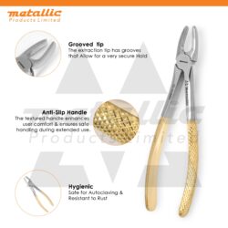 dental surgical extracting forceps fig 17, upper right molar extraction tool, gold handle dental forceps UK, stainless steel dental extraction instruments, reusable dental forceps, precision dental tools UK, metallic products dental instruments