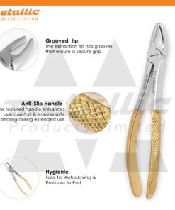 dental extracting forceps #7 UK, upper premolar extraction tool, gold handle dental forceps, stainless steel dental tools UK, reusable dental forceps UK, precision extraction instruments UK, dental extraction pliers for dentists
