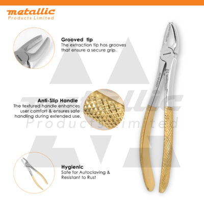 dental extracting forceps #7 UK, upper premolar extraction tool, gold handle dental forceps, stainless steel dental tools UK, reusable dental forceps UK, precision extraction instruments UK, dental extraction pliers for dentists