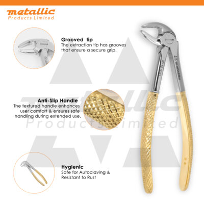 dental extracting forceps 33 UK, gold plated dental tool, lower root extraction forceps UK, dental extraction instrument stainless, premium dental forceps gold handle, reusable dental extraction tool UK, dentist lower root extractor UK, surgical dental forceps stainless steel UK, professional dental extraction tool UK