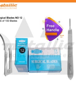 Sterile Scalpel Handle No. 3 with Blade #12 – 100 pcs, individually wrapped for surgical and laboratory use. High-quality #12 surgical blades, professional scalpel blade set, stainless steel surgical instruments, precise scalpel blades for surgery, disposable surgical blades, BP blade #12, UK surgical instruments, surgical blade pack 100, surgical tools for hospitals, clinics, and medical schools.