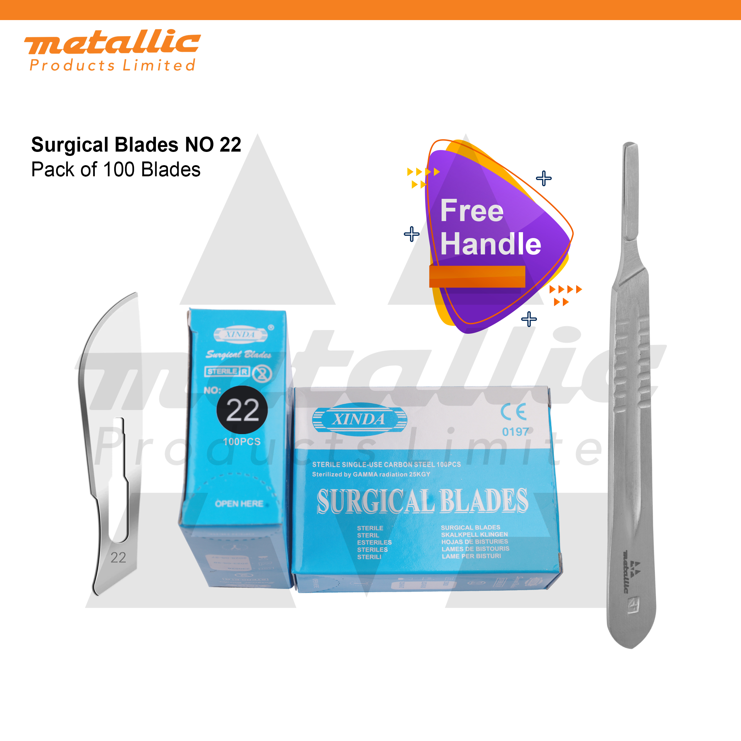Sterile Scalpel Blades #22 – 100 pcs for No. 4 Handle, individually wrapped, high-quality #22 surgical blades, BP blade #22, disposable scalpel blades for hospitals, clinics, and laboratories. Comes with free No. 3 Scalpel Handle, professional surgical instruments.