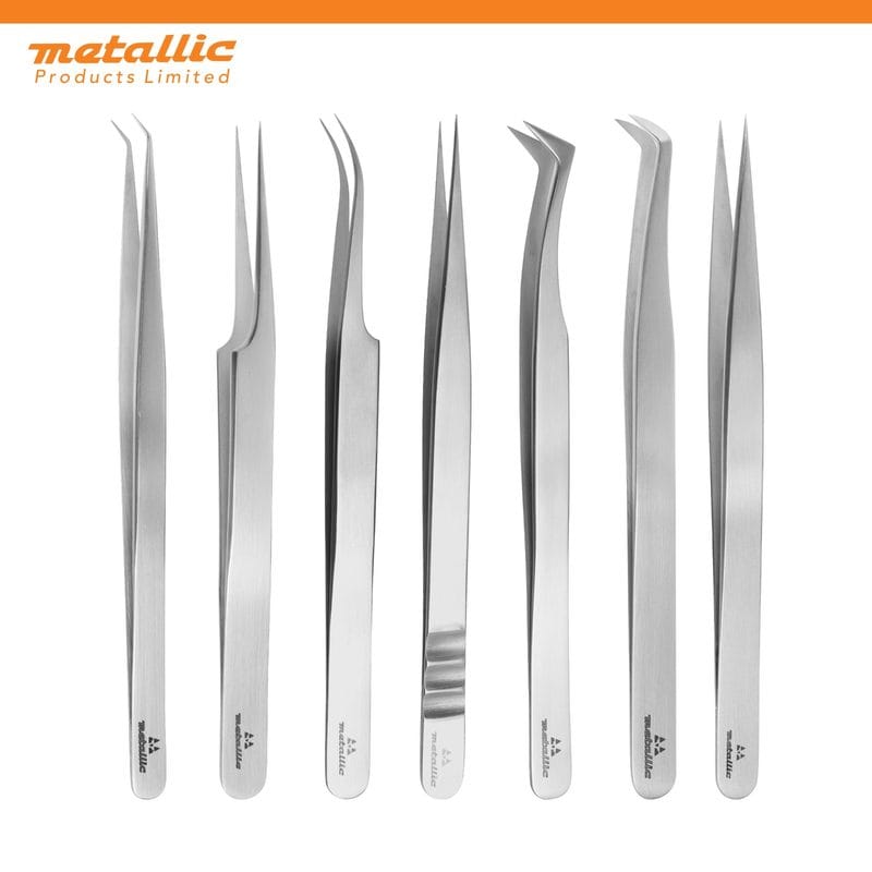Range of stainless steel lash extension tweezers with straight, curved, angled and L-shaped tips from Metallic Products